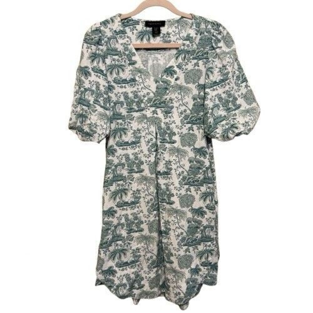 Tahari Linen Blend Shift Dress Womens XS Green White Toile Botanical Cat Print